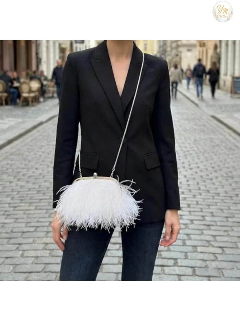 Vintage Fluffy Ostrich Feather Evening Bag Clutch Pearl Chain Tote Bridal